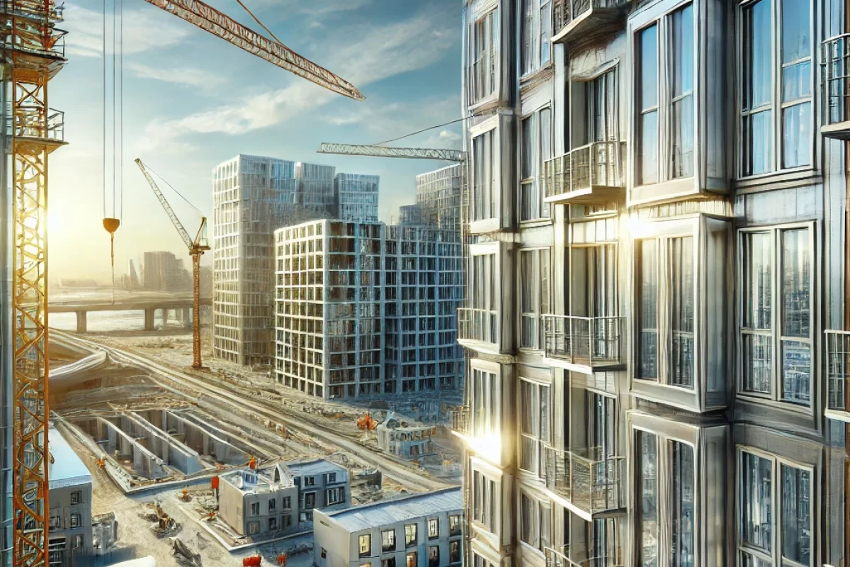 DALL·E 2024-10-31 11.02.38 - A modern construction site with cranes and scaffolding, showing ongoing work on both residential and commercial buildings. In the foreground, metallic